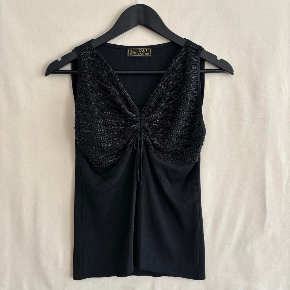 Vintage Y2K CAL Fashion Black Beaded Ruched V-Neck Knit Fall Top - Size S